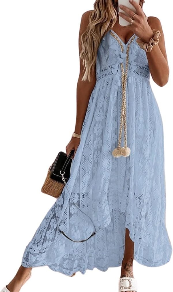 Saonta  Women's Maxi Dress Lace Dresses Boho Tassel V-Neck Flare Ruffle Adjustable Straps Beach Summer Long Dress