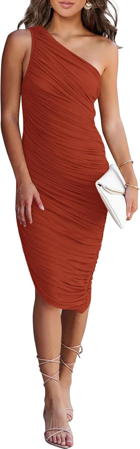 Saonta Women's Ruched Bodycon Dress 2024 Summer One Shoulder Sleeveless Party Cocktail Pencil Dresses