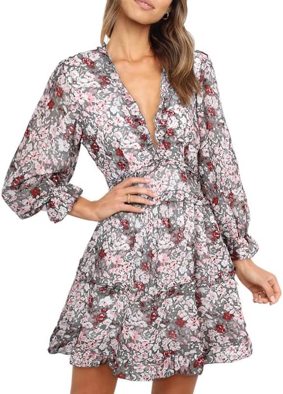 Saonta  Womens 2024 Spring Summer Deep V Neck Ruffle Floral Flowy Mini Dress