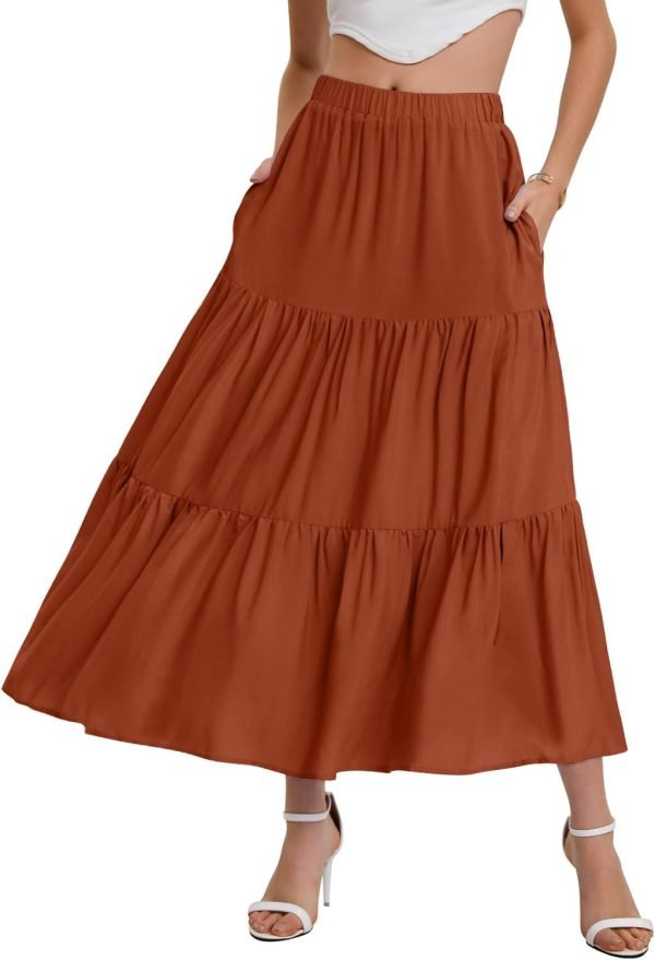 Saonta  Women??s Summer Boho Elastic Waist A-Line Beach Flowy Swing Ruffle Hem Tiered Maxi Skirt with Pockets