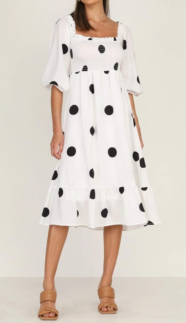 Saonta  Women's Summer Cotton Puff Sleeves Casual Vintage Polka Dots Print Off Shoulder Midi Dress