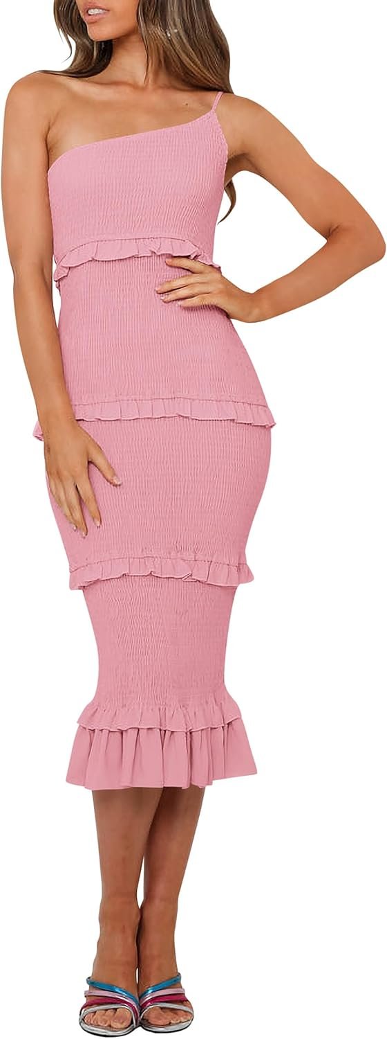 Saonta  Womens Floral Summer One Shoulder Strappy Tiered Ruffle Midi Bodycon Dresses