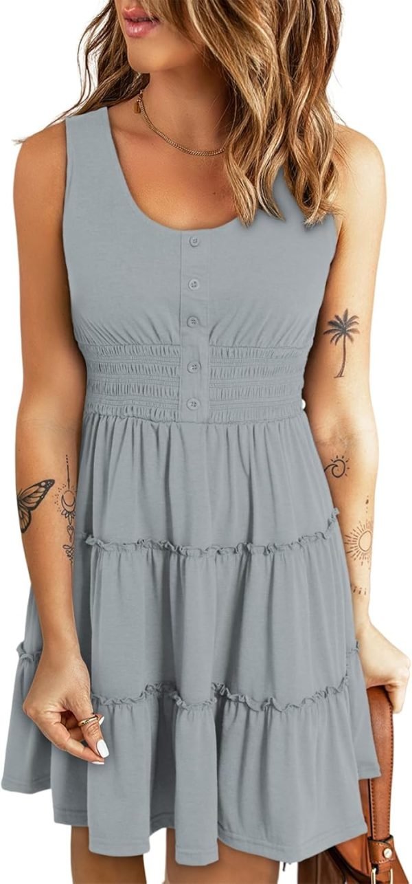 Saonta  Womens Summer Dresses 2024 Sleeveless Button Down Smocked Elastic Waist Ruffle Tiered Casual Swing Mini Dress