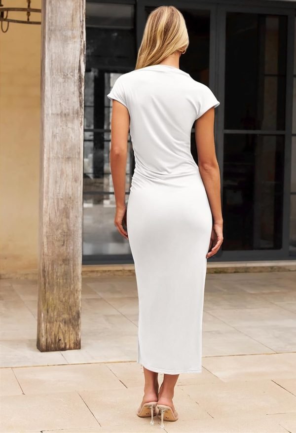 Saonta  Women's Cap Sleeve Mock Neck Midi Dress High Slit Bodycon Ruched Sexy Cocktail Party Dresses