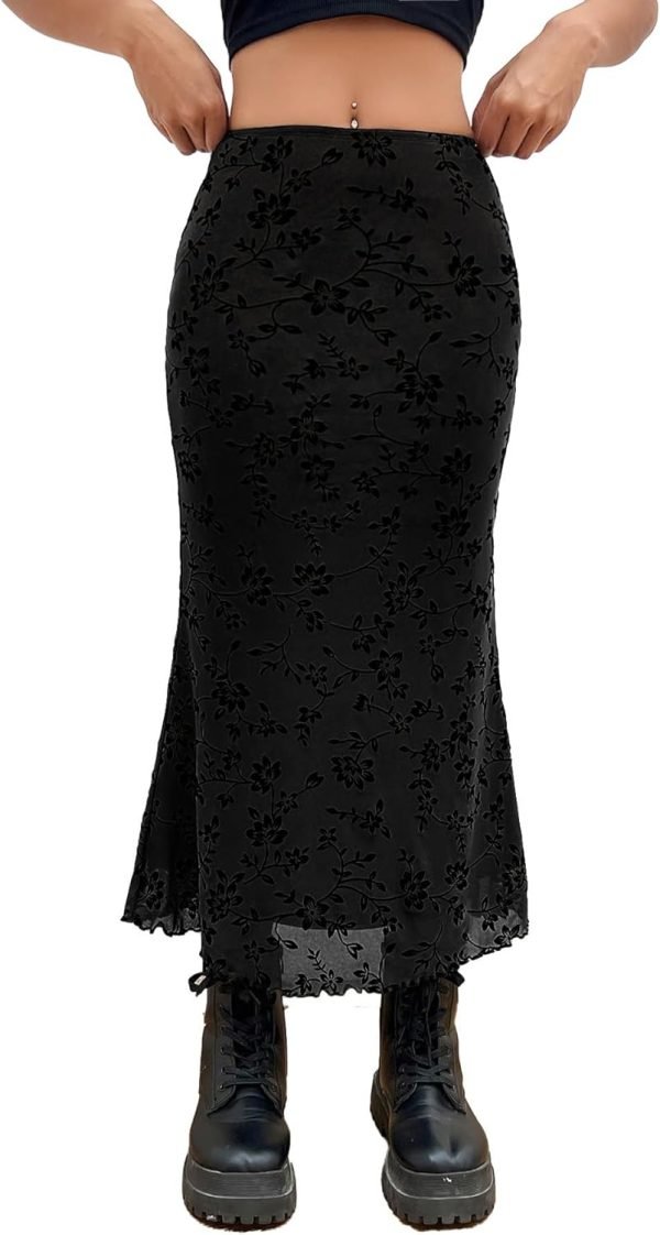 Saonta  Women's Lettuce Trim High Waist Mesh Fishtail Bodycon Long Skirt