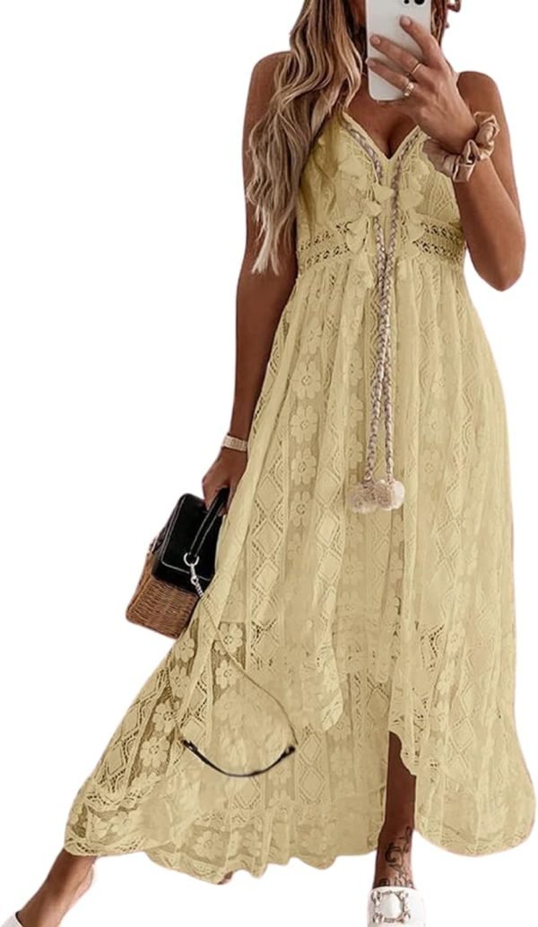 Saonta  Women's Maxi Dress Lace Dresses Boho Tassel V-Neck Flare Ruffle Adjustable Straps Beach Summer Long Dress