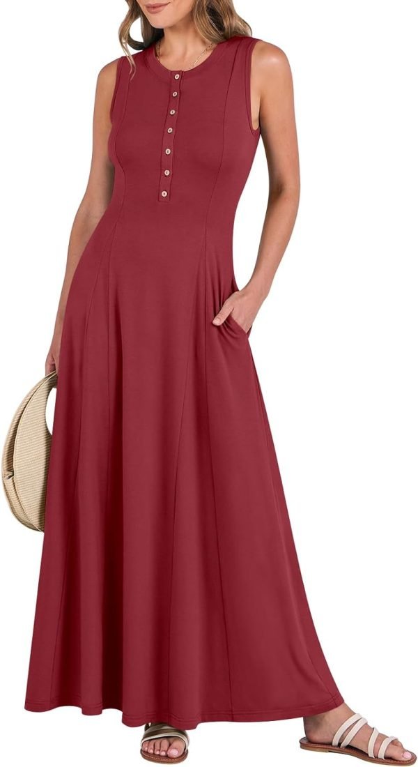 Saonta  Women Summer Casual Sleeveless Maxi Sundress Button Fit & Flare A-Line Flowy Long Dresses 2024 Beach Outfits