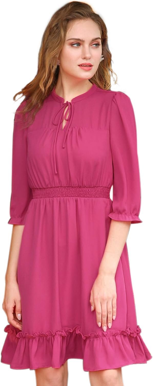 Saonta  K Women's Autumn Wedding Guest Dresses Ruffle Hem 3/4 Sleeve A-Line Smocked Short Chiffon Dress