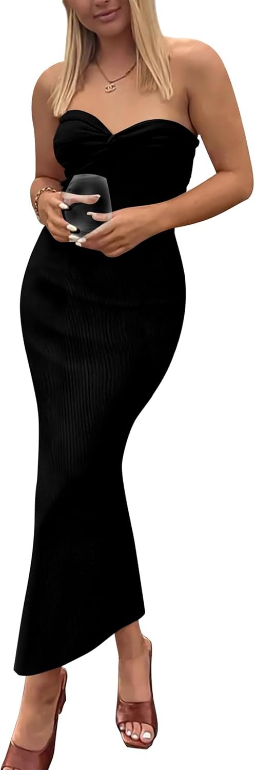 Saonta  Womens Summer Bodycon Long Dresses Strapless Tube Twist Knot Front Ribbed Knit Elegant Maxi Dress With Slit