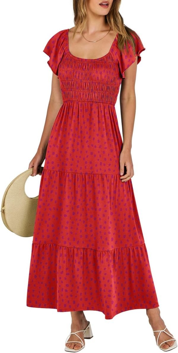 Saonta  Women's 2024 Summer Casual Maxi Dress Flutter Sleeve Scoop Neck Smocked Tiered A Line Flowy Beach Long Sun Dresses