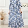 Saonta  Women Boho Maxi Dresses 2024 V Neck Long Puff Sleeve Smocked Ruffle Flowy Casual Dress
