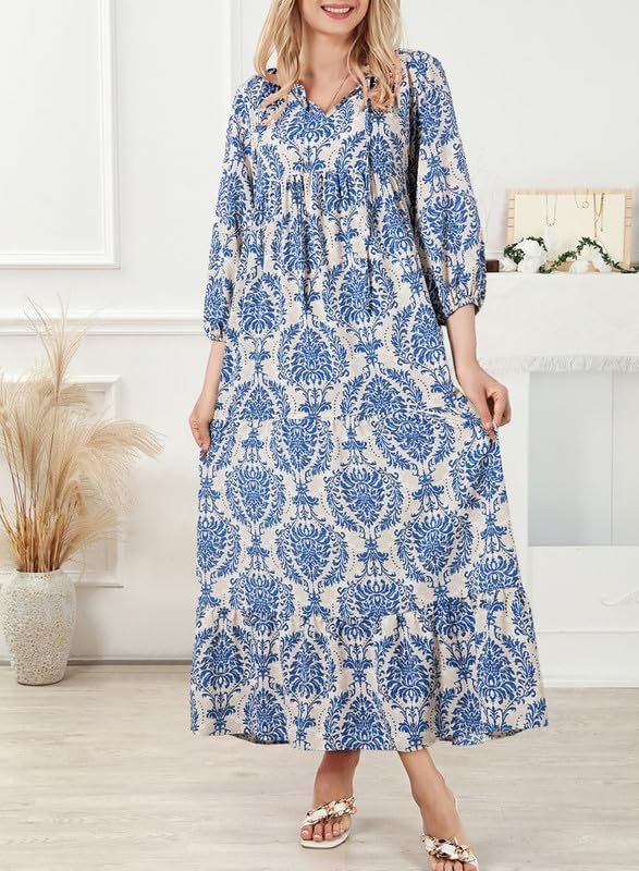 Saonta  Women Boho Maxi Dresses 2024 V Neck Long Puff Sleeve Smocked Ruffle Flowy Casual Dress