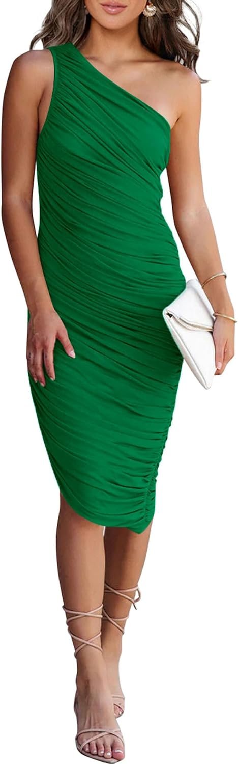 Saonta Women's Ruched Bodycon Dress 2024 Summer One Shoulder Sleeveless Party Cocktail Pencil Dresses