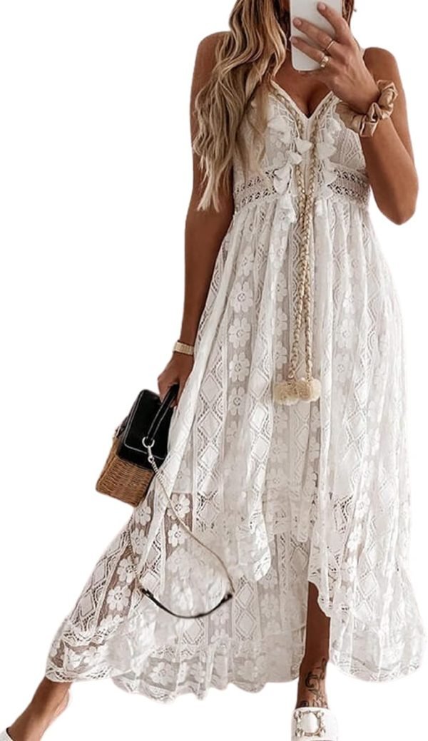 Saonta  Women's Maxi Dress Lace Dresses Boho Tassel V-Neck Flare Ruffle Adjustable Straps Beach Summer Long Dress