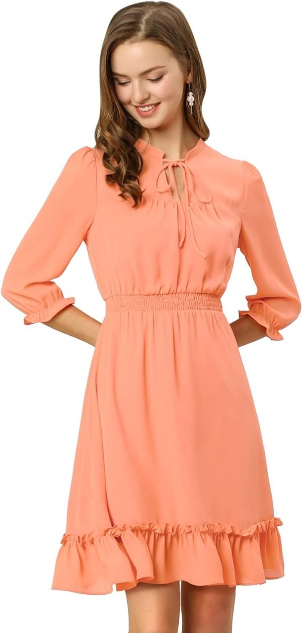 Saonta  K Women's Autumn Wedding Guest Dresses Ruffle Hem 3/4 Sleeve A-Line Smocked Short Chiffon Dress