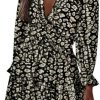 Saonta  Womens 2024 Spring Summer Deep V Neck Ruffle Floral Flowy Mini Dress