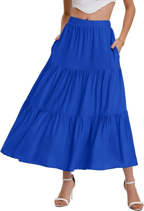 Saonta  Women??s Summer Boho Elastic Waist A-Line Beach Flowy Swing Ruffle Hem Tiered Maxi Skirt with Pockets