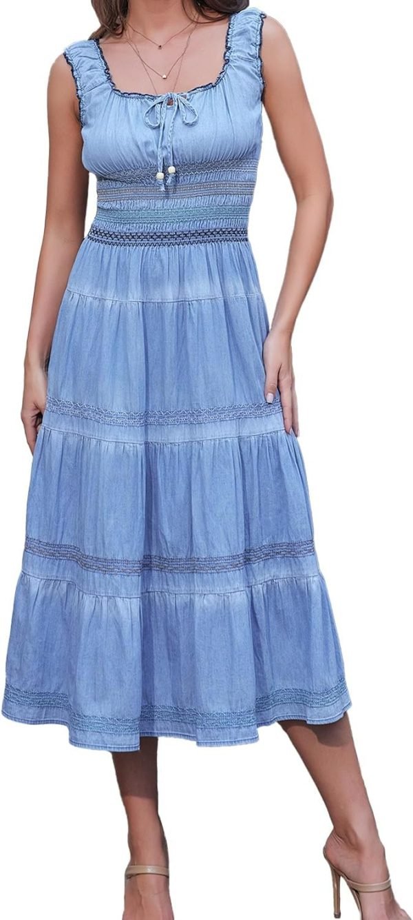 Saonta  Women's Maxi Dress Sleeveless Denim Long Summer A-line Casual Blue Cotton Boho Flowy Sundresses for Women