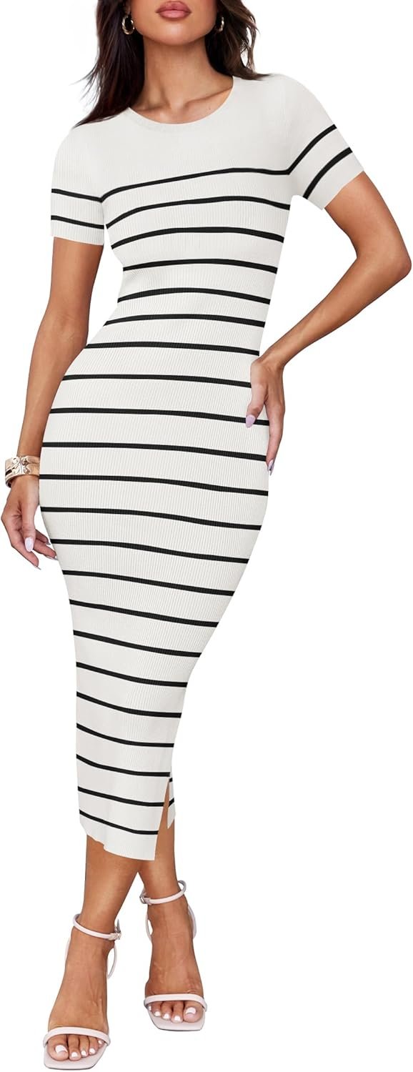 Saonta Women's Summer Bodycon Midi Dress 2024 Striped Short Sleeve Ribbed Knit Slim Fit Side Slit T Shirt Dresses