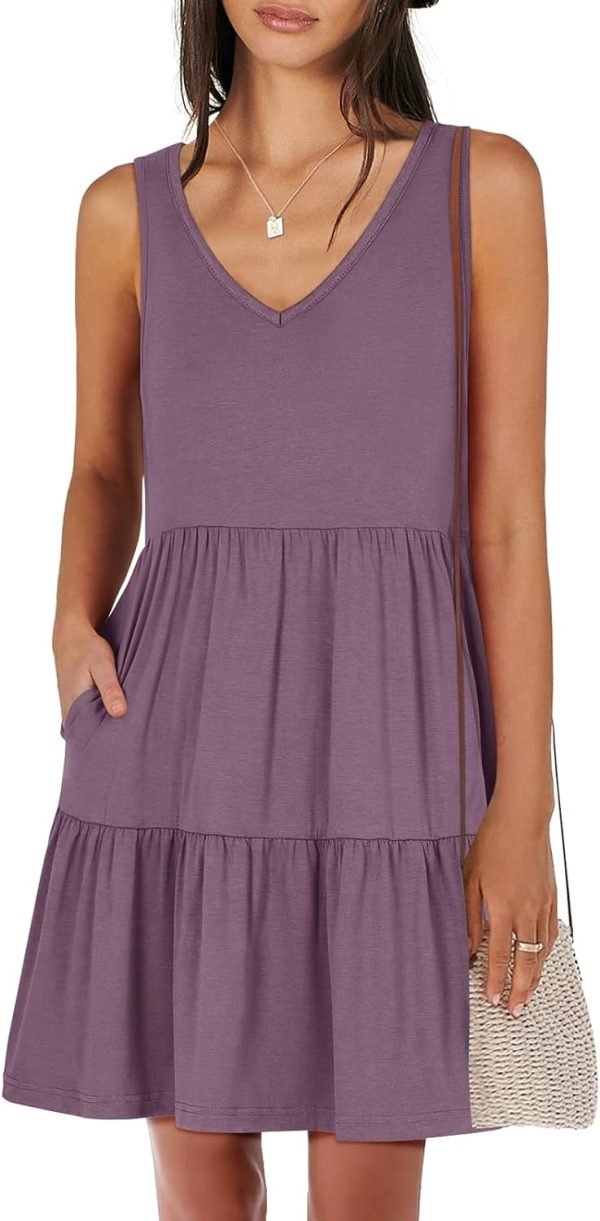 Saonta  Womens Summer Casual Tank Dress Sleeveless V Neck T Shirt Sundress Flowy Tiered Swing Mini Beach Vacation Dresses