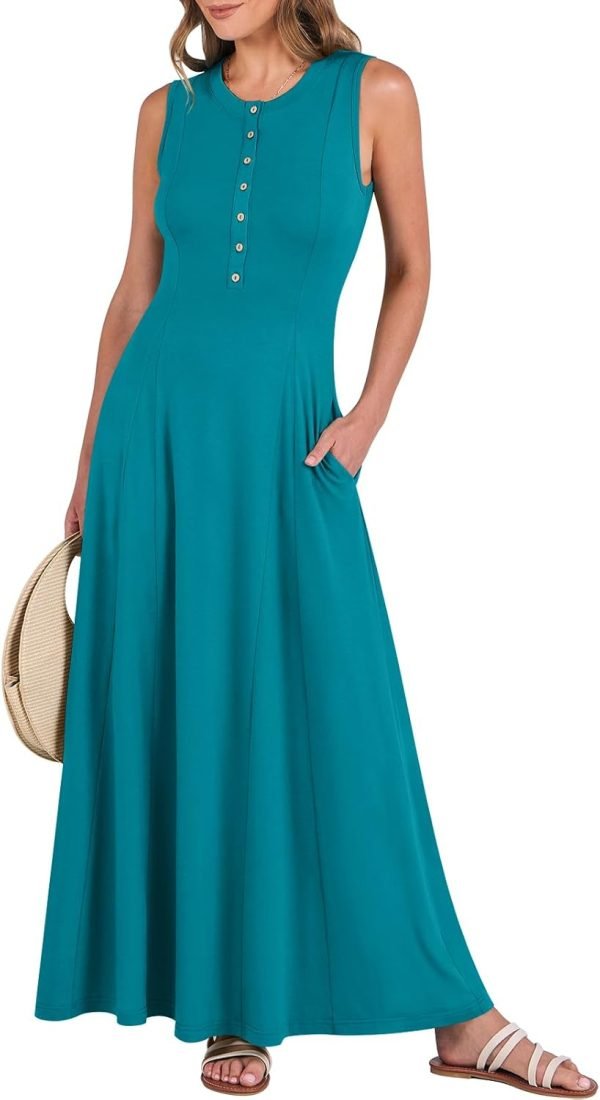 Saonta  Women Summer Casual Sleeveless Maxi Sundress Button Fit & Flare A-Line Flowy Long Dresses 2024 Beach Outfits