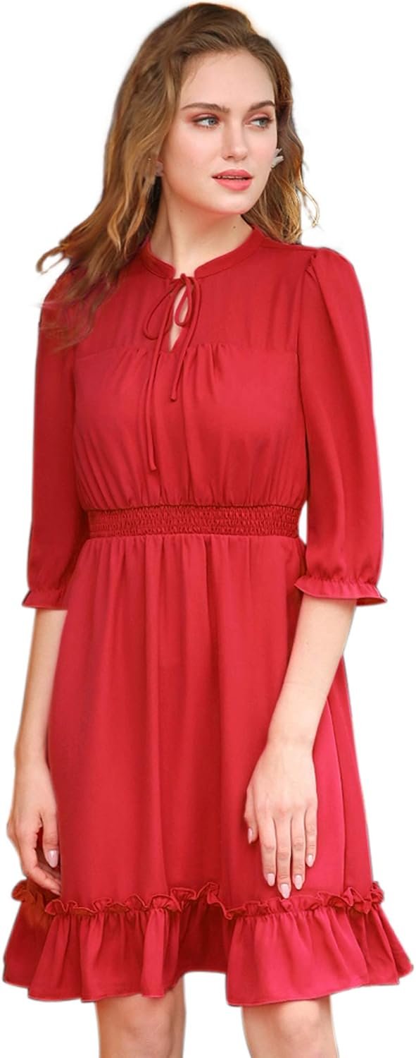 Saonta  K Women's Autumn Wedding Guest Dresses Ruffle Hem 3/4 Sleeve A-Line Smocked Short Chiffon Dress