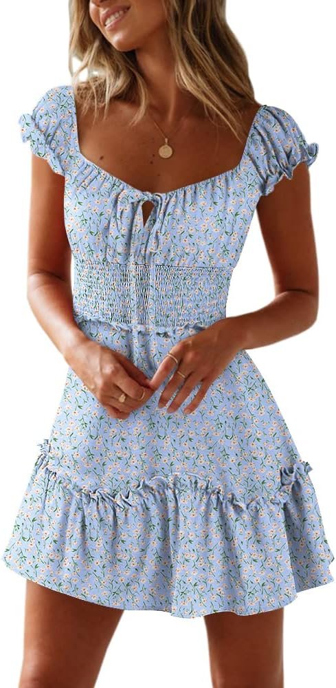 Saonta  Women's Summer Ruffle Sleeve Sweetheart Neckline Printing Dress Mini Dress