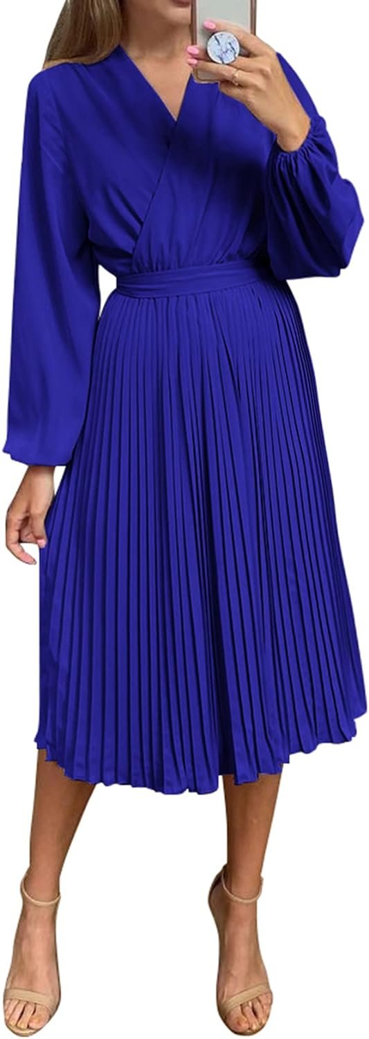 Saonta  Womens V Neck Flowy Ruffle Pleated Casual Fall Dress