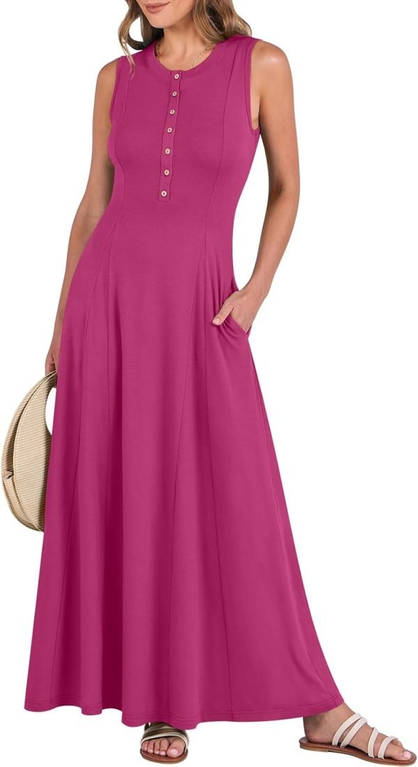 Saonta  Women Summer Casual Sleeveless Maxi Sundress Button Fit & Flare A-Line Flowy Long Dresses 2024 Beach Outfits
