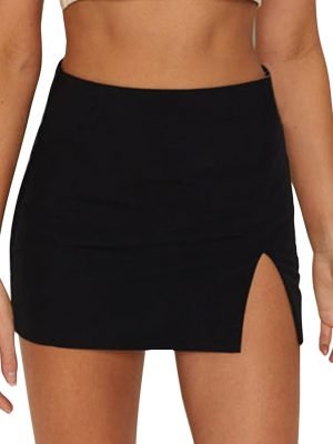 61FuGLiiZsL._AC_SL1500 Women's Black Mini Skirts High Waist High Slit Sexy Stretch Fitted Bodycon Mini Skirt