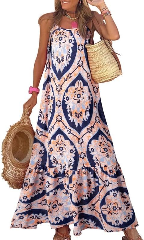 Saonta  Women Summer Dresses 2024 Spaghetti Strap Scoop Neck Smocked Ruffle Flowy Boho Maxi Dress