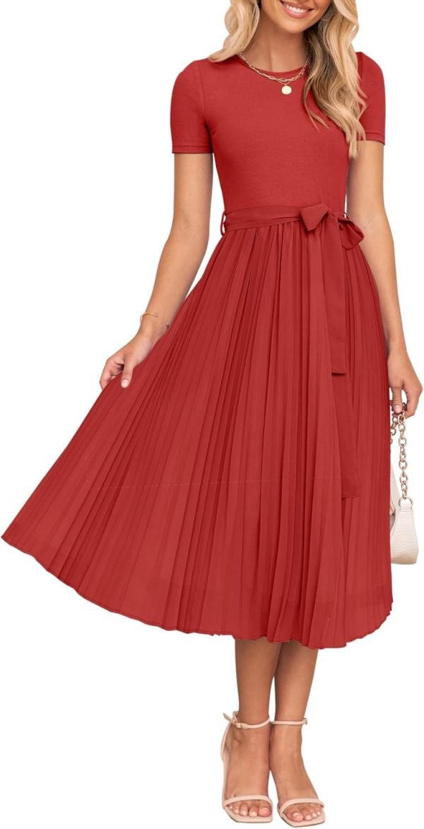 Saonta Womens Summer Short Sleeve Midi Dresses Spring Casual Crew Neck Knit Belted Pleated A Line Flowy Wedding Guest Dress
