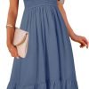 Saonta  Women's Summer Casual V Neck Ruffle Sleeve Smocked High Waist Midi Dress with Pockets