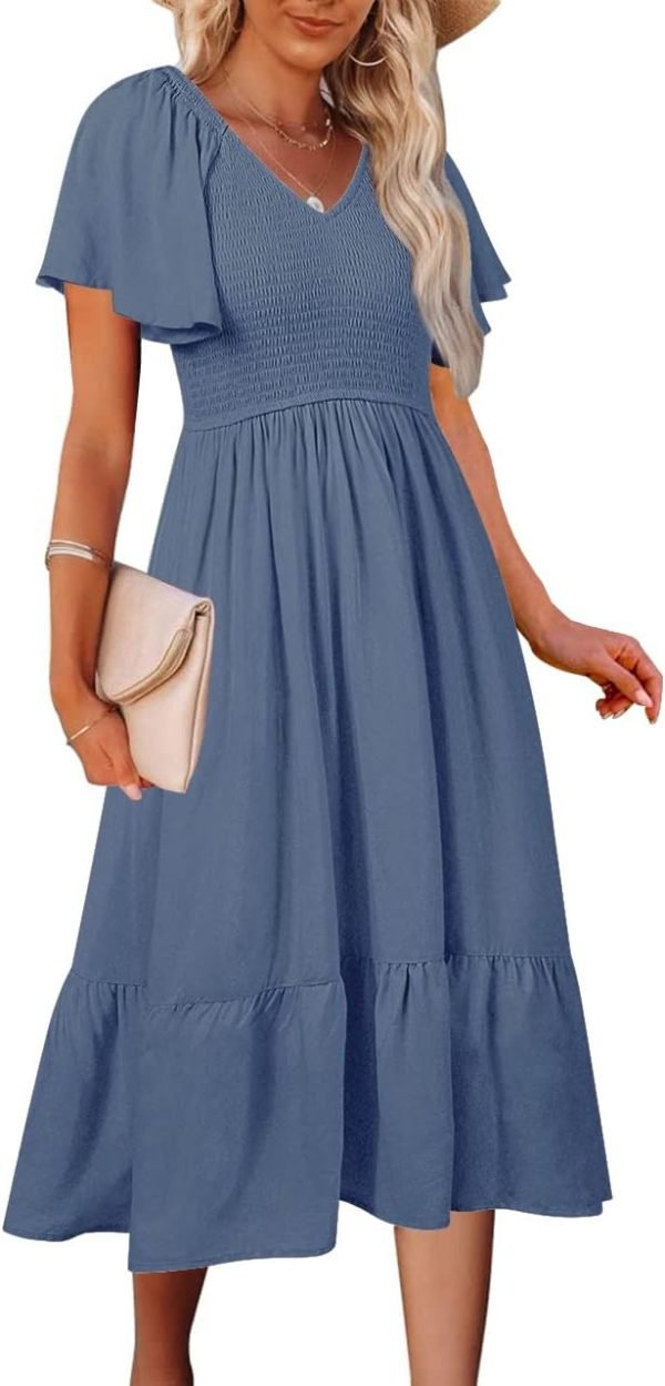 Saonta  Women's Summer Casual V Neck Ruffle Sleeve Smocked High Waist Midi Dress with Pockets