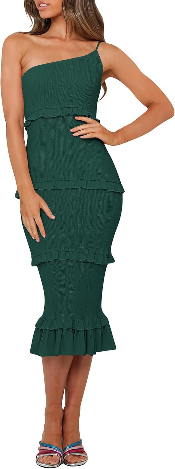 Saonta  Womens Floral Summer One Shoulder Strappy Tiered Ruffle Midi Bodycon Dresses