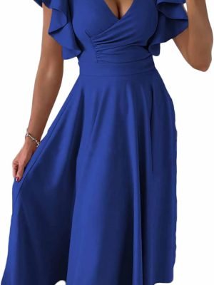 Saonta Womens 2024 Summer Midi Dress Ruffle Cap Sleeve V Neck Swing A Line Cocktail Party Dresses