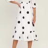 Saonta  Women's Summer Cotton Puff Sleeves Casual Vintage Polka Dots Print Off Shoulder Midi Dress
