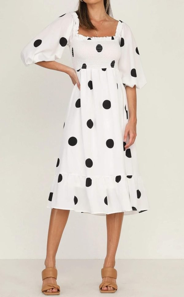 Saonta  Women's Summer Cotton Puff Sleeves Casual Vintage Polka Dots Print Off Shoulder Midi Dress
