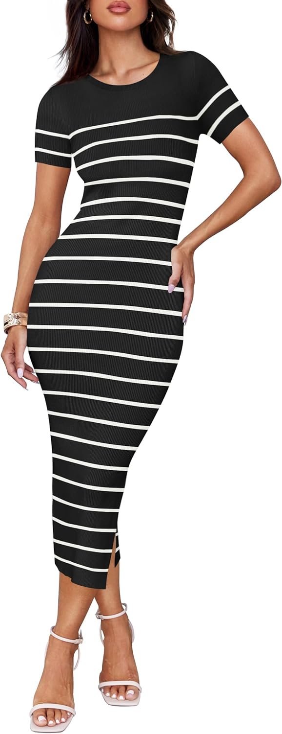 Saonta Women's Summer Bodycon Midi Dress 2024 Striped Short Sleeve Ribbed Knit Slim Fit Side Slit T Shirt Dresses
