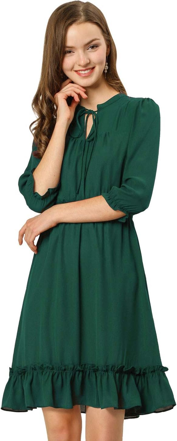 Saonta  K Women's Autumn Wedding Guest Dresses Ruffle Hem 3/4 Sleeve A-Line Smocked Short Chiffon Dress