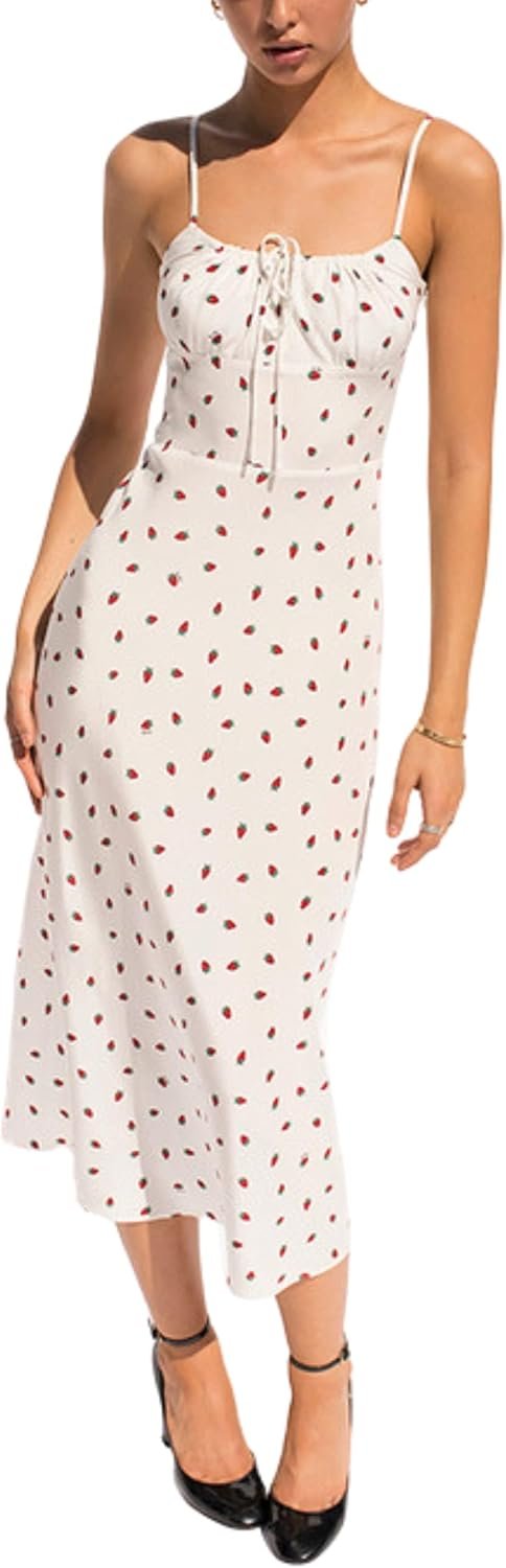 Saonta  Women's Floral Dress Low-Cut Square Neck Spaghetti Strap Tie Bodycorn Dresses