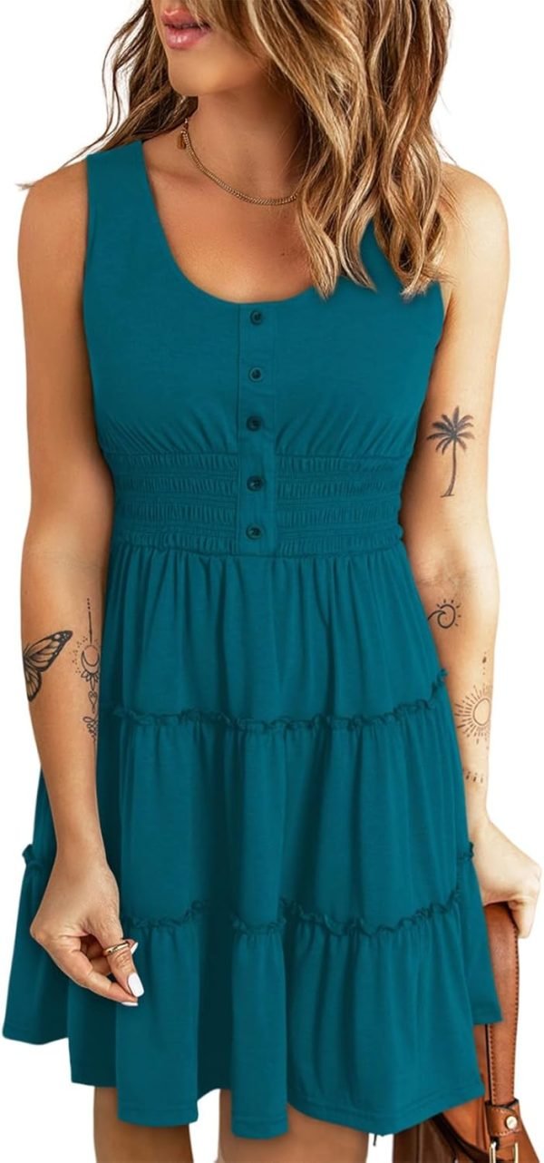Saonta  Womens Summer Dresses 2024 Sleeveless Button Down Smocked Elastic Waist Ruffle Tiered Casual Swing Mini Dress