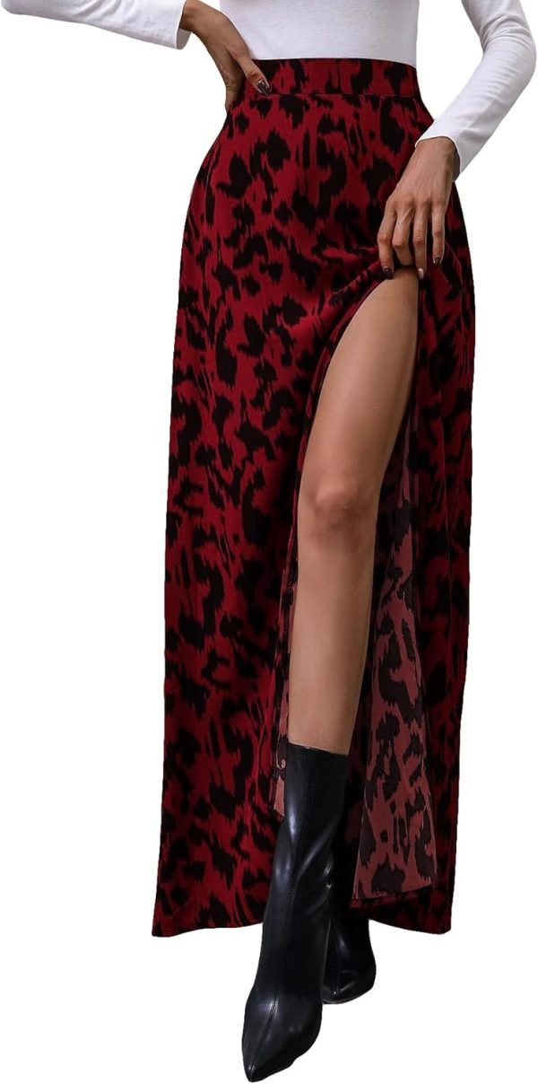 Saonta  Women's Sexy Boho Floral Split Thigh High Waist Swing Midi Skirt