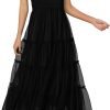 Saonta Womens 2024 Summer Casual Sleeveless Smocked Ruffle Tulle Flowy Beach Sundress