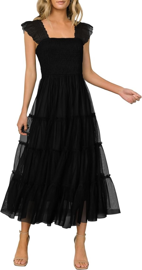 Saonta Womens 2024 Summer Casual Sleeveless Smocked Ruffle Tulle Flowy Beach Sundress