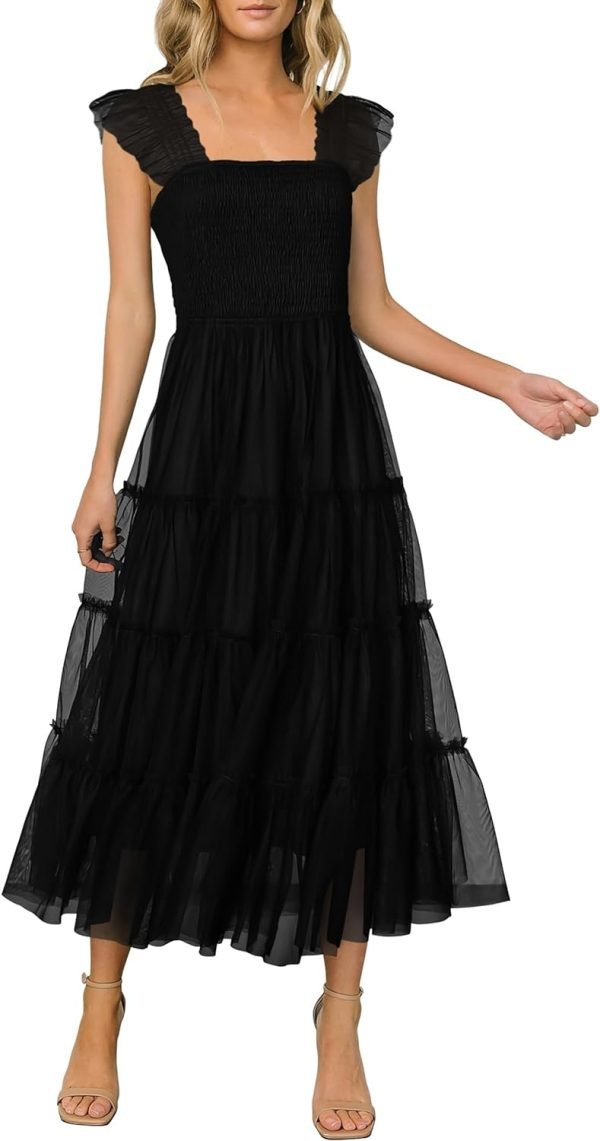 Saonta  Womens 2024 Summer Casual Sleeveless Smocked Ruffle Tulle Flowy Beach Sundress