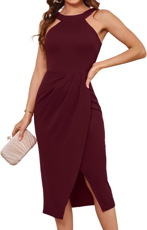 Saonta  KARIN Women's Halterneck Sleeveless Ruched Bodycon Slit Wrap Party Cocktail Midi Dress