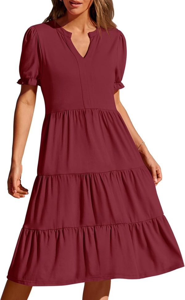 Saonta  Women's 2024 Summer Short Puff Sleeve Midi Dress Casual V Neck High Waist Tiered Swing A Line Dresses
