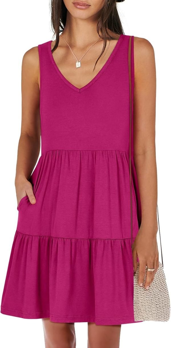 Saonta  Womens Summer Casual Tank Dress Sleeveless V Neck T Shirt Sundress Flowy Tiered Swing Mini Beach Vacation Dresses