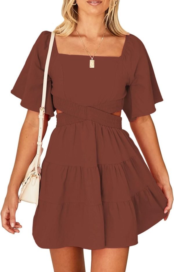 Shy Velvet Women's Summer Dress Square Neck Short Sleeves Crossover Waist Casual Party Mini Dress